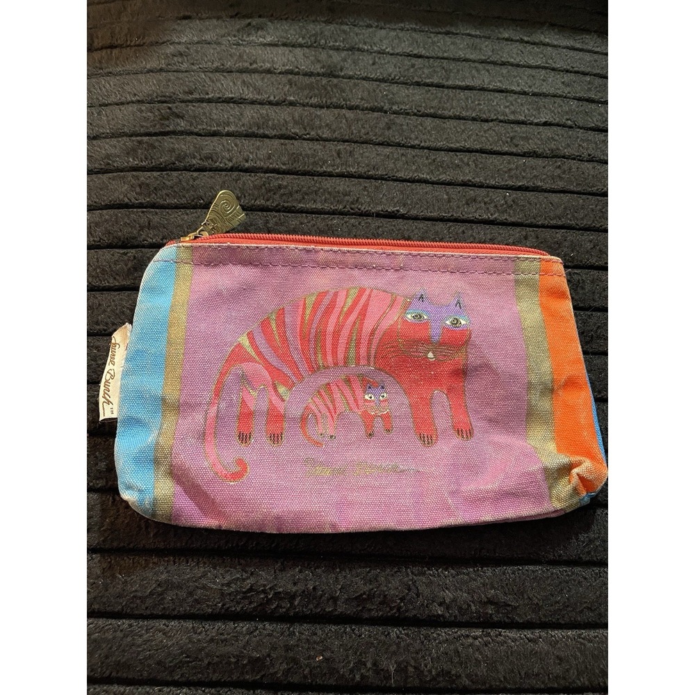 Laurel Burch Purple Canvas Bright Big Cat Small Cat Cosmetic Case Bag Clutch - Picture 5 of 7